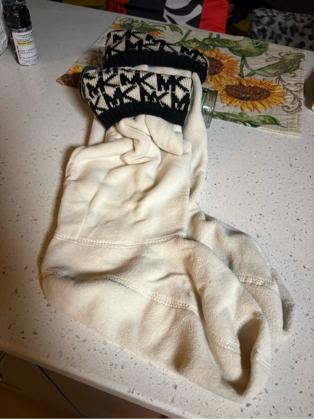 Cream & black boots knit socks with geometric pattern on the cuff